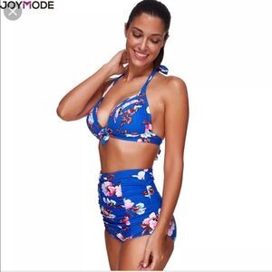 Blue bikini Floral High Waist Halter Swimsuit bathing suit retro L 1X 2X